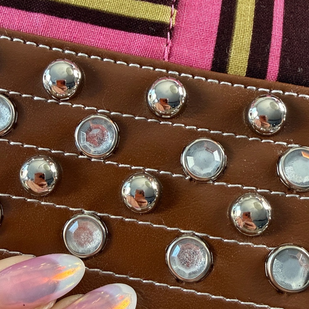 Pink Striped Vegan Leather Studded Bag Rhinestone Glam |Statement Purse Like New - Picture 15 of 17